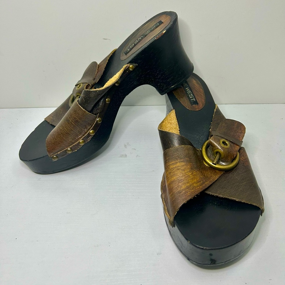 Vintage Nine West 90's Y2K Brown Leather Buckle Clog Sandals Size 8.5